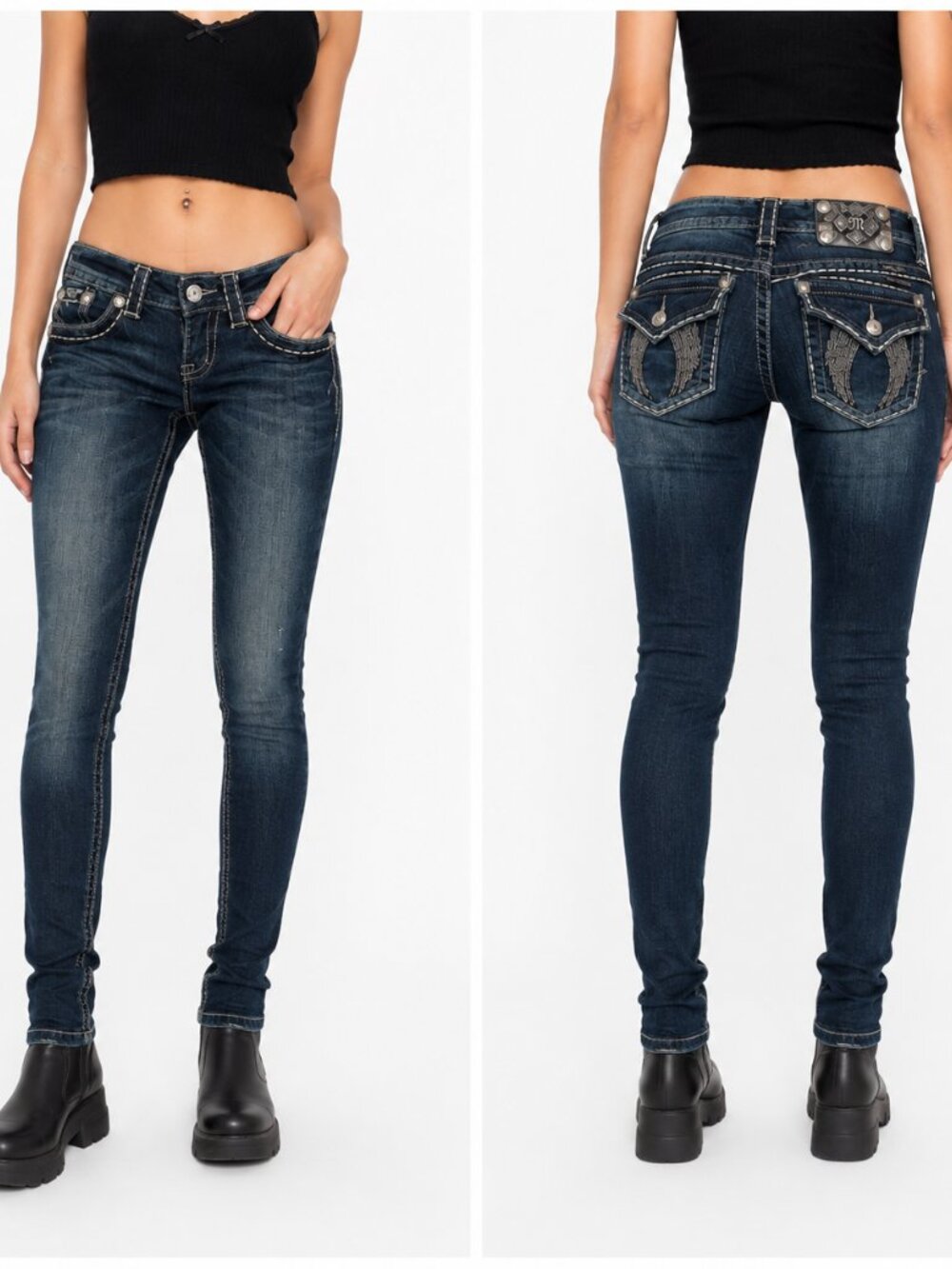 Miss Me Y2K Skinny Jeans Dark Wash Embellished Angel Wing Pocket Low Rise👖